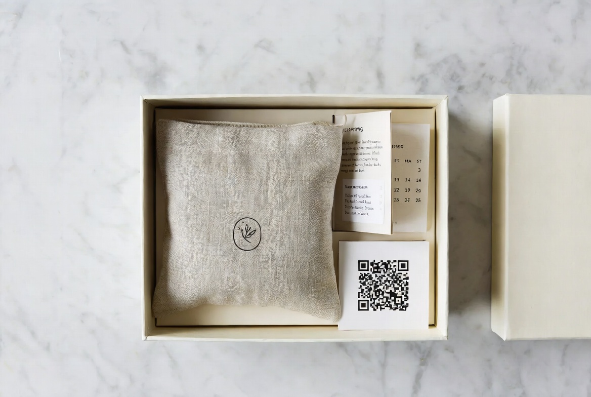 Overhead flat lay of Flower Kit Box contents — seed pouch, planting guide, timing calendar and QR code card